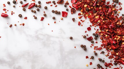 Red and black pepper sprinkled on white marble background with empty space for text or product placement on right side.