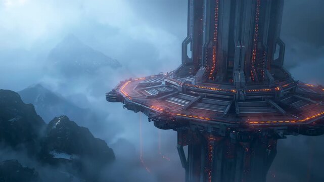 Massive futuristic tower structure emerging from misty mountainous landscape with glowing base lights