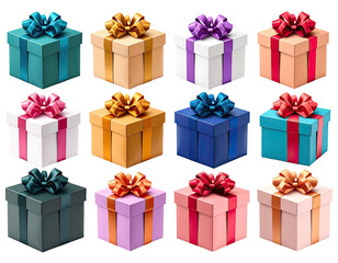 Twelve colorful gift boxes with ribbons, arranged in a grid formation