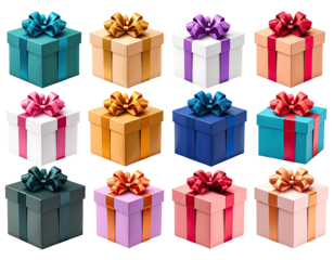 Twelve colorful gift boxes with ribbons, arranged in a grid formation