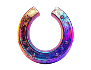 Shiny, metallic horseshoe with colorful, iridescent lighting on black background