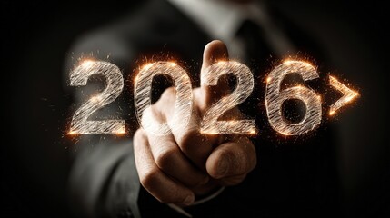 Businessman Pointing at Glowing Numbers for Future Year 2026 Celebration