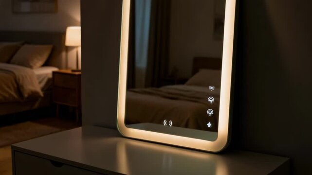 Closeup medium shot of a dimly lit bedroom featuring a smart mirror with soft backlighting and voice command indicators.