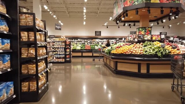 Well-stocked grocery store aisle with various food products on shelves