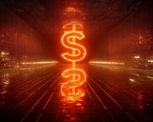 Glowing Dollar Sign in Dark Tunnel with Reflective Floor and Red Hue