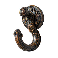 Ornate bronze hook with floral details, set against a black backdrop