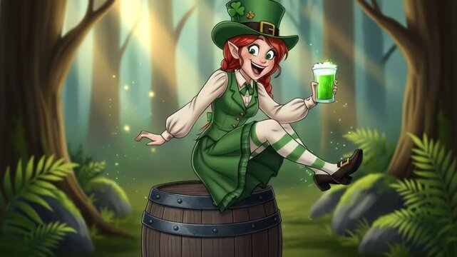 Animated leprechaun celebrates in enchanted forest with magical drink
