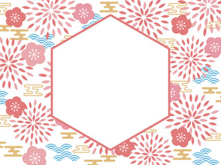 レトロポップな和柄と六角形フレームの背景　ホワイト