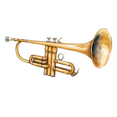Fototapeta premium Watercolor illustration of a brass trumpet musical instrument.