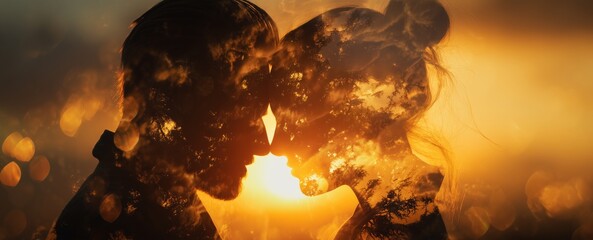 Premium Double Exposure Valentine Romance of Couple Silhouette with Sunset Sky and Floating Heart Bokeh