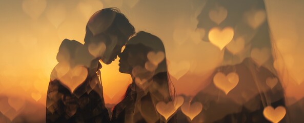 Premium Double Exposure Valentine Romance of Couple Silhouette with Sunset Sky and Floating Heart Bokeh