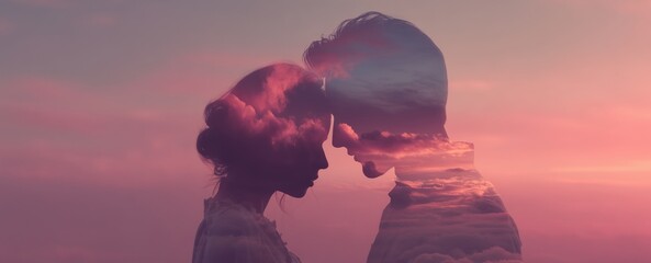 Romantic Cinematic Valentine Scene with Couple Silhouette Blended into Soft Sunset Horizon