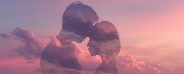 Romantic Cinematic Valentine Scene with Couple Silhouette Blended into Soft Sunset Horizon
