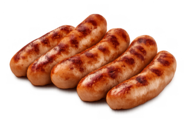 Grilled bratwurst sausages with grill marks, savory pork meat for bbq, breakfast, or appetizer, transparent background