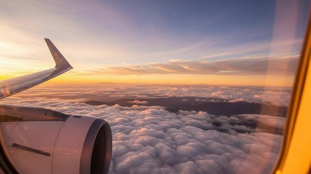 Airplane Window View Of Sunset Over Clouds With Engine Wing And Horizon Visible During Flight