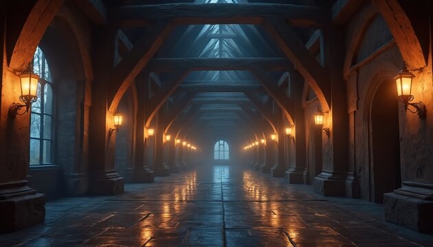 Long dark hall with wooden beams and lanterns. Stone floor reflects warm light from wall lamps. Arched windows show dark trees. Gothic interior with deep perspective.