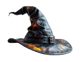 A tilted witch's hat with splattered orange highlights against black