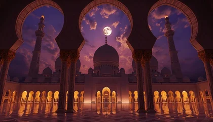 Keuken achterwand Bordeaux A serene and peaceful mosque interior at dusk with a full moon shining through the arches ramadan kareem mubarak  © Emma