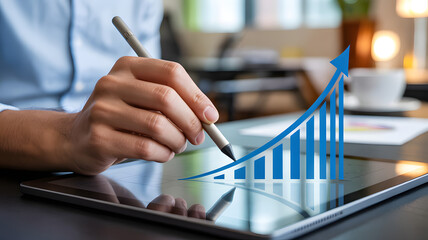 Businessperson using stylus on tablet with glowing rising bar chart symbolizing digital growth and progress