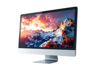 Sleek desktop computer with a vibrant mountain sunset display
