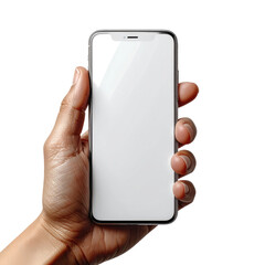 Hand holding a modern smartphone, blank screen, against a black background
