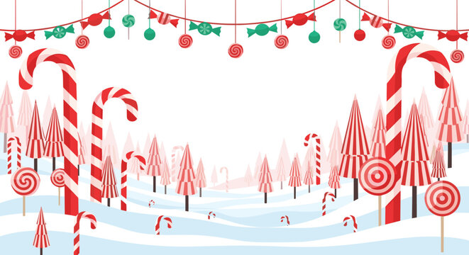 Whimsical Christmas winter wonderland scene with a forest of candy cane trees, lollipops, and snowy hills under a candy garland.