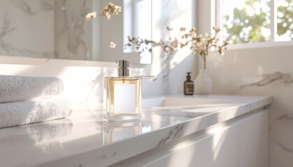 Minimal Perfume Bottle with Blank Label in Modern Bathroom Interior