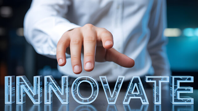 Businessperson extending hand with glowing innovate text overlay symbolizing creativity and digital transformation - Powered by Adobe