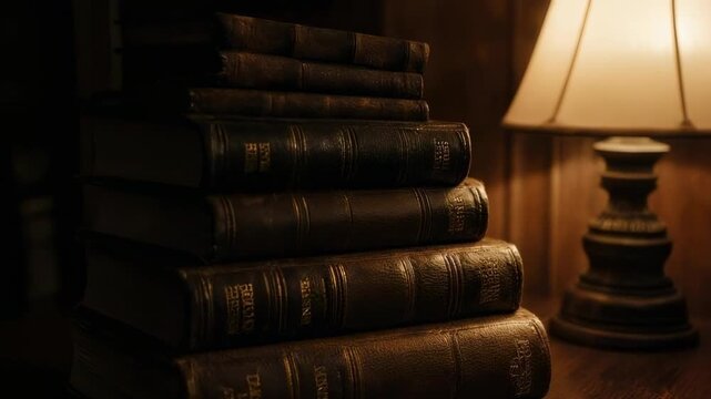 Stack Of Antique Leather Bound Books Illuminated By A Warm Lamp On A Wooden Table
