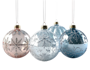 Four, detailed, hanging, shiny orbs with snowflake designs