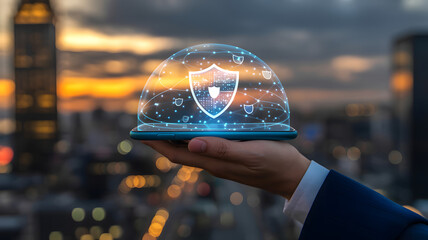 Cybersecurity concept with holographic shield and padlock icons above tablet in modern cityscape

