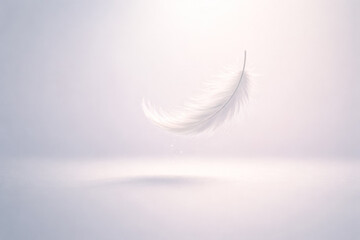 Delicate white feather floating in soft light on minimal pastel background, airy calm abstract concept with copy space, serenity and purity mood, generative AI