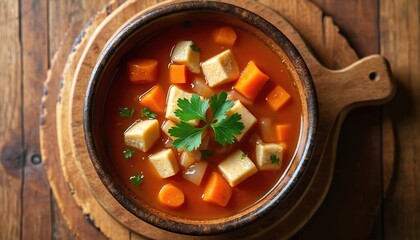 Rustic bowl holds hearty vegetable soup with carrots and parsley. Warm, comforting dish with savory broth made from fresh ingredients. Perfect for winter meals, home cooking, and healthy eating.
