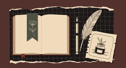 Vintage-inspired pixel art flat lay of a writer's desk with an open journal, a floral bookmark, a quill pen, and a separate inkwell sketch.