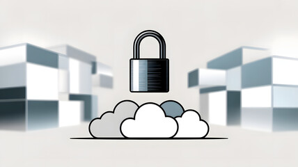 Cloud security concept with padlock hovering above cloud icons and abstract data center background

