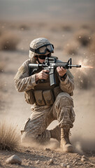 Fototapeta premium Soldier firing rifle in desert.