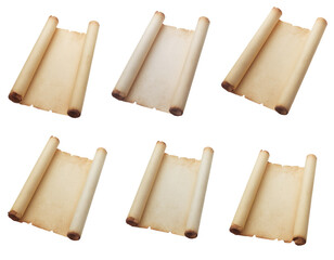 Old parchment scrolls unfurled on white background in varied angles