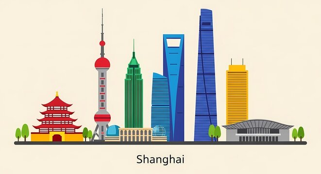 Shanghai cityscape with famous landmarks.