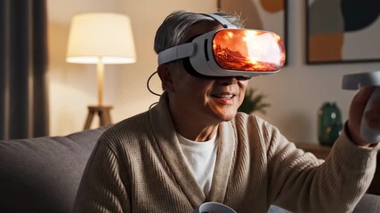 Elderly Woman Wearing Virtual Reality Headset Sitting in Living Room