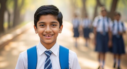 Obraz premium Happy young schoolboy smiling outdoors in school uniform with backpack in natural sunlight with classmates in background on school campus during daytime