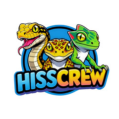 Abstract illustration of lizard and gecko mascot logo with text HISSCREW