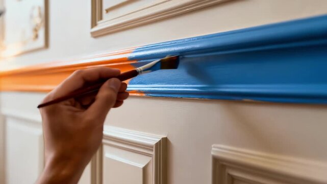 Closeup medium view of a hand painting complementary colors on chair rail molding emphasizing skillful technique and refined interior design accents.