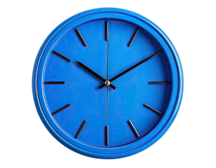 Vivid blue clock face with sleek black hands, on a black background
