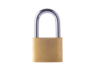 Padlock with brass body and chrome shackle resting on a plain white background