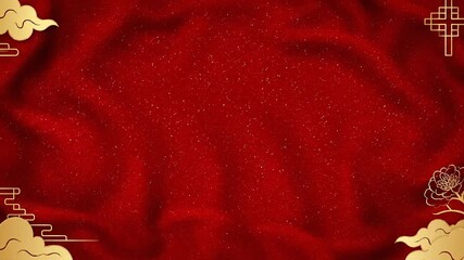 Vibrant red luxurious fabric background with shimmering texture and elegant golden traditional Asian cloud and lotus motifs, perfect for festive celebrations and cultural design projects
