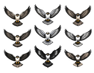 Owl silhouettes pattern with nine flying raptors showing spread wings and bright yellow talons