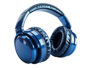 Glossy blue over-ear headphones isolated on a transparent background