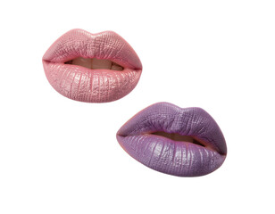 Pair of glossy metallic lips in peach and lavender tones with detailed texture