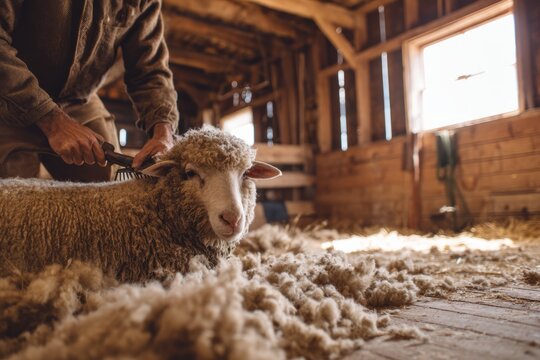 Farmer shearing sheep for wool in old barn