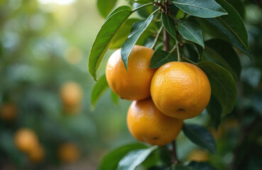 Ripe orange fruits hang on tree branches in orchard. Green leaves surround juicy citrus globes. Blurred background shows more fruit growing. Healthy food from nature.